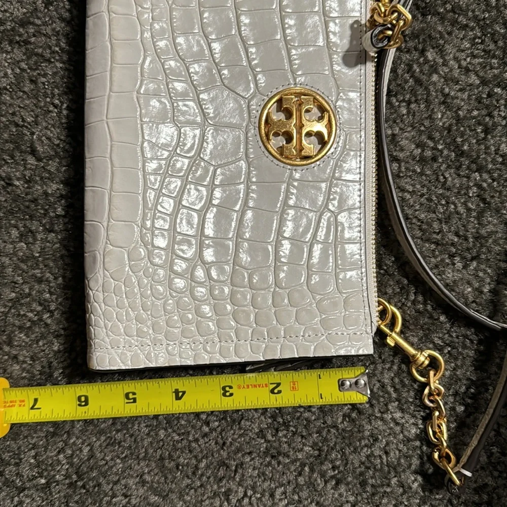 Tory Burch White Croc-Embossed Leather Crossbody with Gold Logo